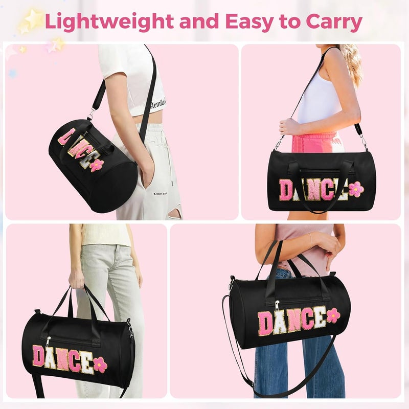 KUIRAN Store Dance Bag for Girls, 23L Waterproof Travel Duffel Bag with Colorful Chenille Letter, Lightweight Small Gym Sport Ballet Weekender Bag with Large Main Compartment - Black/White/Pink - Image 5